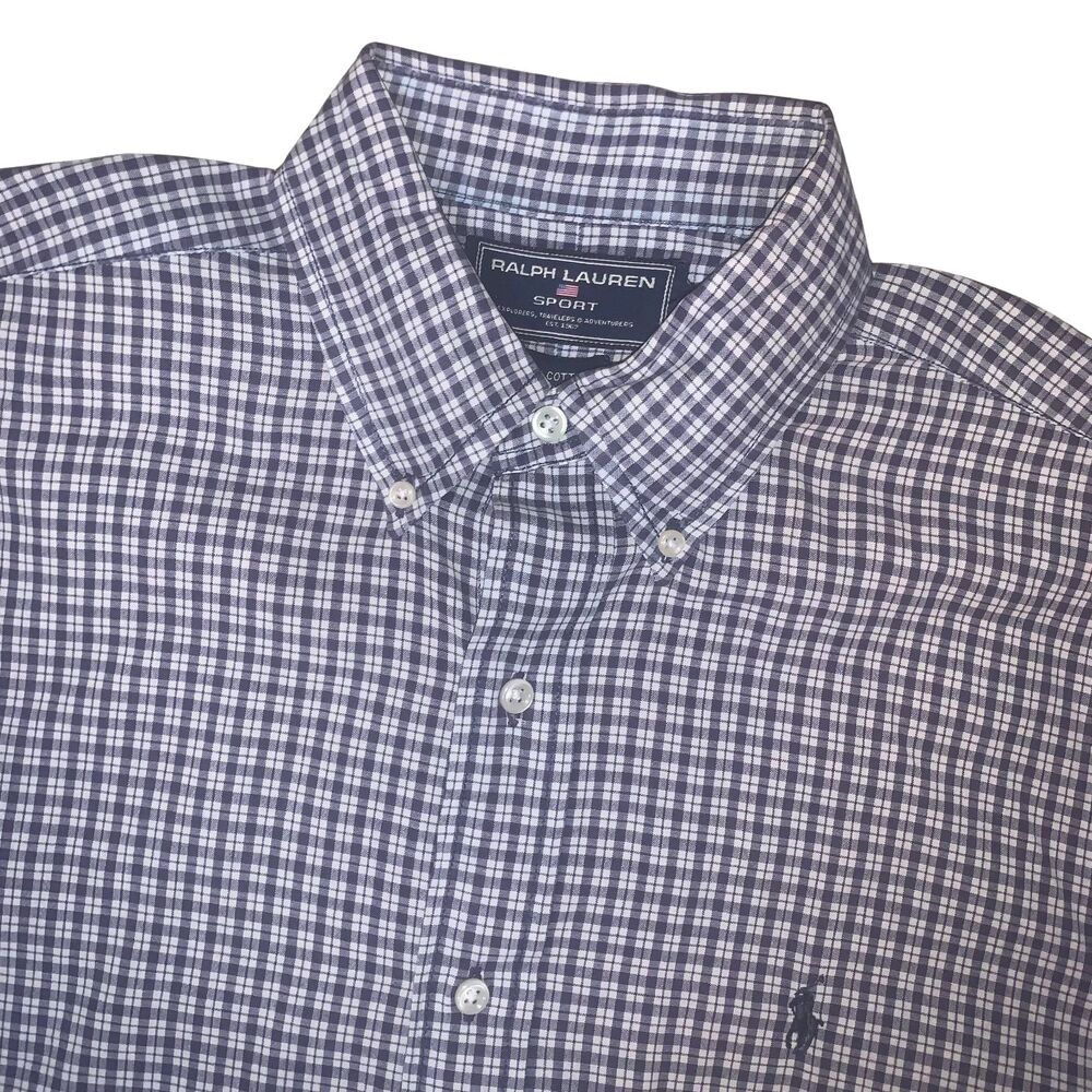 Vintage Polo Ralph Lauren Sport Shirt Mens Medium Blue Plaid Preppy Short Sleeve